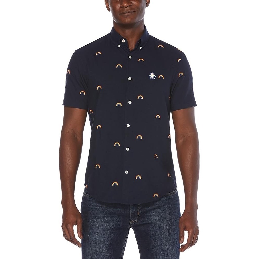 Original Penguin Mens Rainbow Pride Navy Blue Button Up Short Sleeve Shirt XL